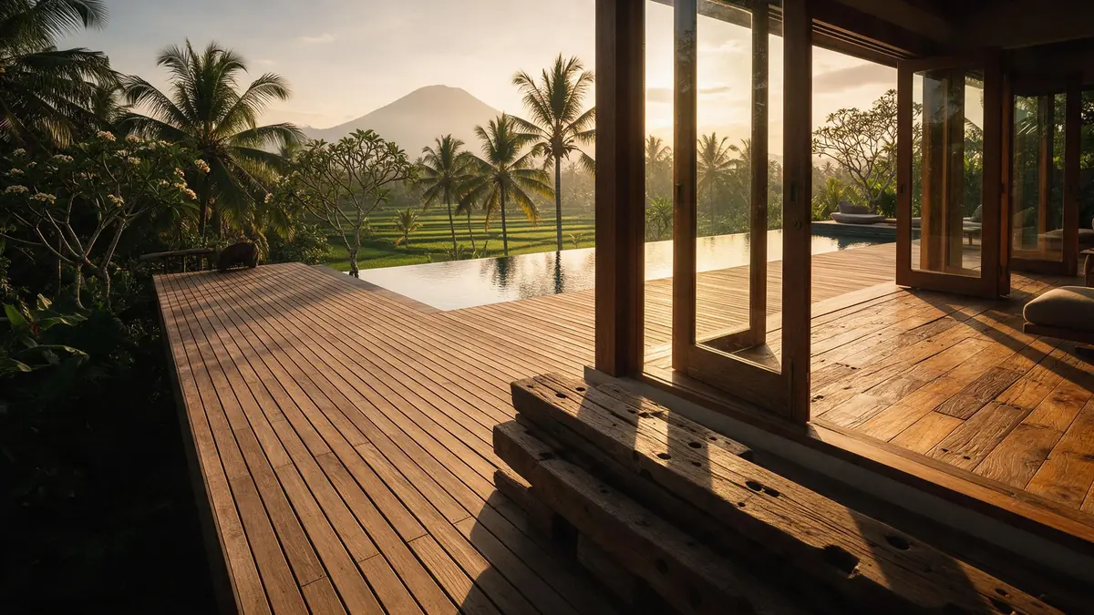 A Bali villa terrace with a reclaimed Bangkirai deck, a reclaimed Teak floor and old timber beams, overlooking rice fields and a volcano at sunset
