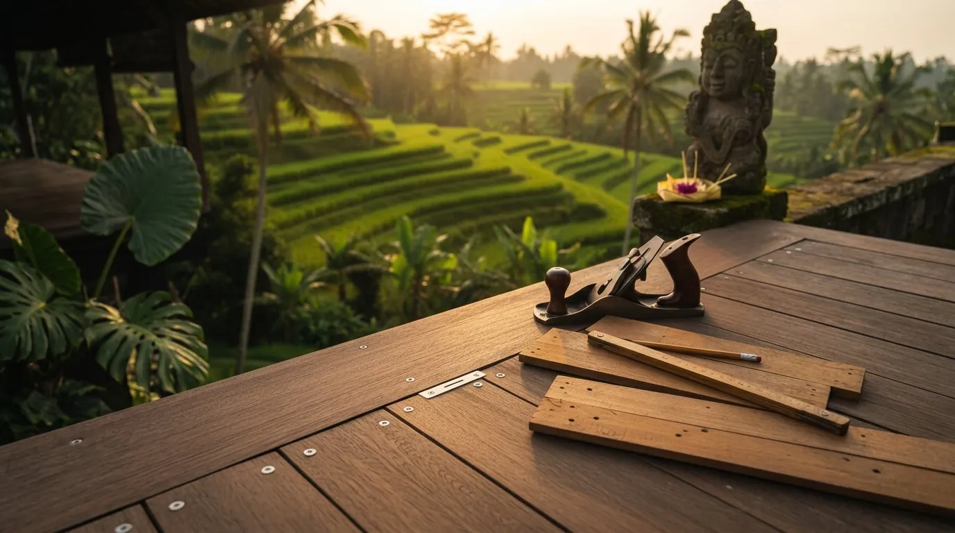 Reclaimed hardwood deck boards with stainless screws, a hand plane and a ruler on a Bali terrace overlooking rice terraces
