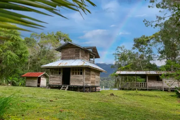 Traditional timber houses on a green lawn